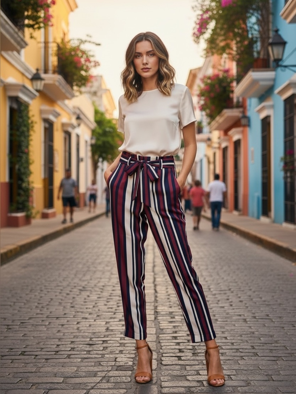 Express Ankle High Rise Striped Tie Waist Pants 2